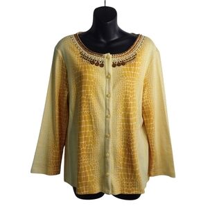 Rafaella Women's Gold Yellow White 3/4 Sleeves Embellished Sweater Cardigan Sz L